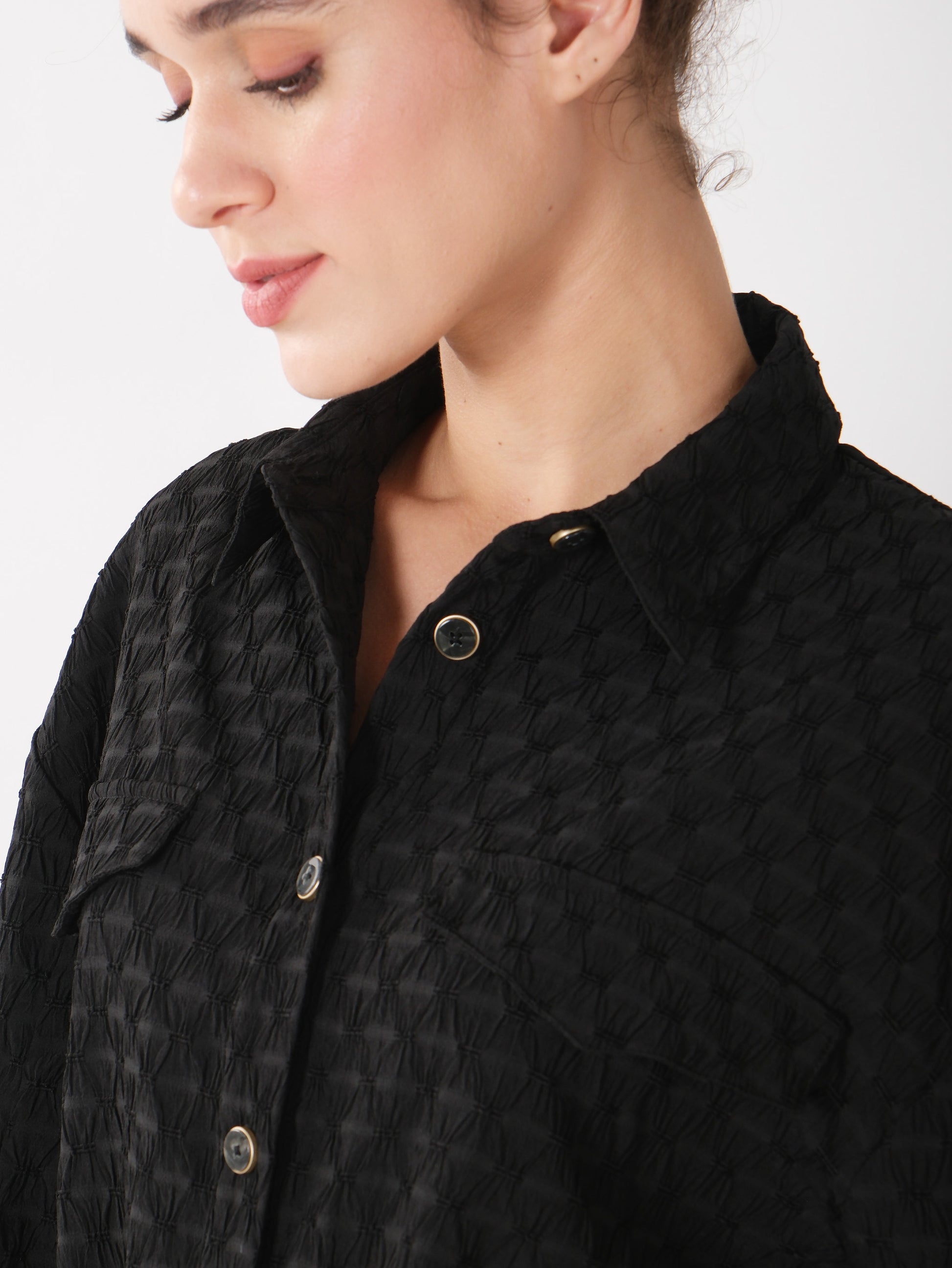 Black Textured Balloon Sleeve Shirt