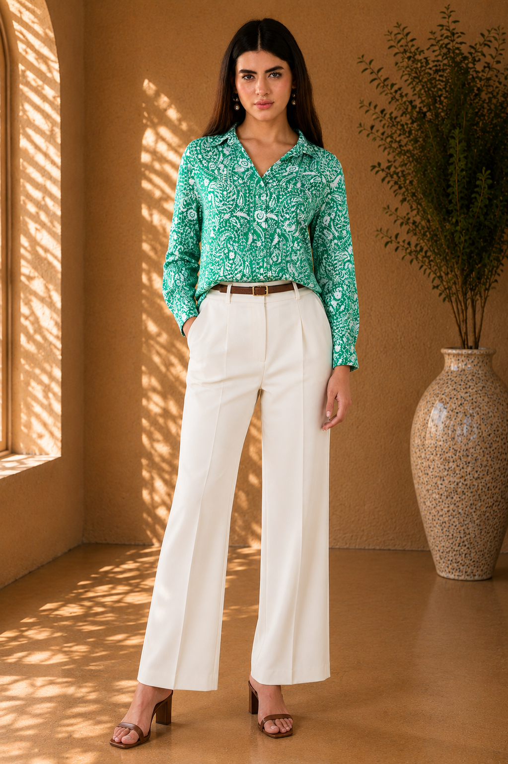Chemise en coton imprimée à motifs cachemire verts
