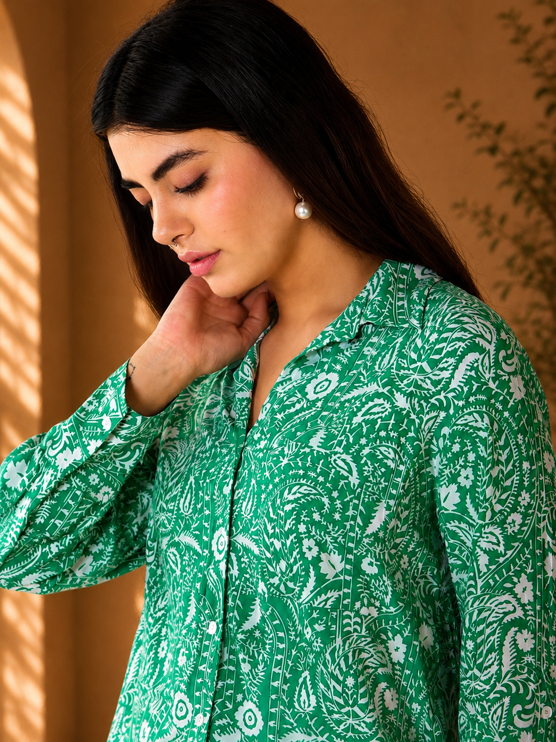 Green Paisley Printed Cotton Shirt
