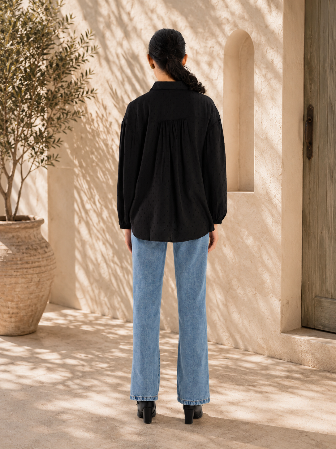 Black Dobby Textured Relaxed Shirt