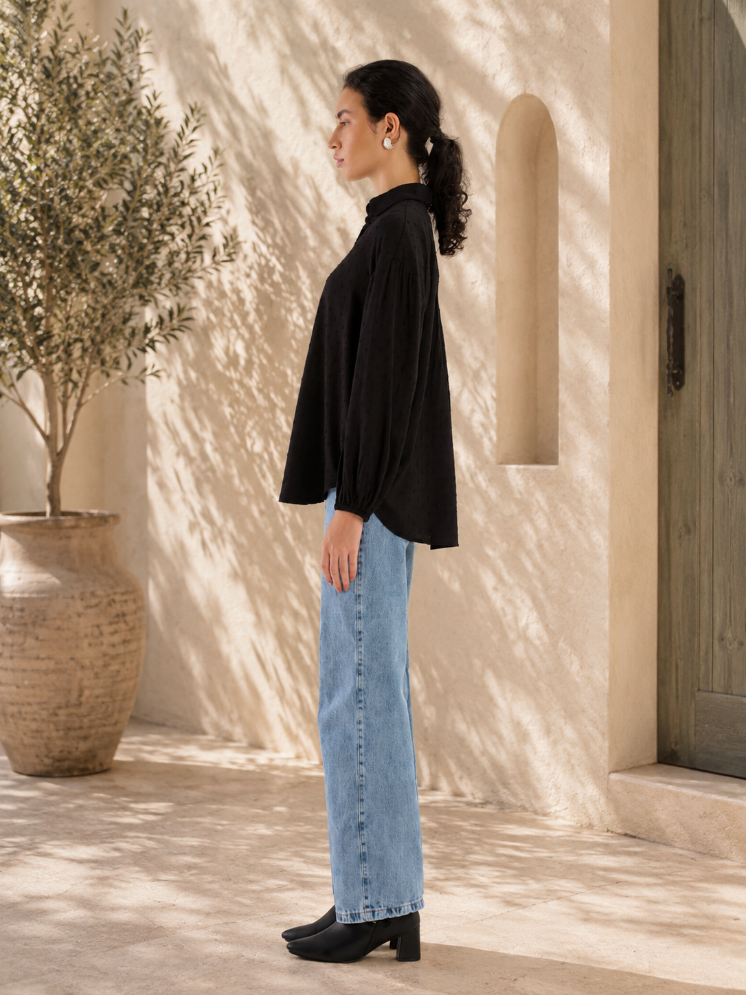 Black Dobby Textured Relaxed Shirt