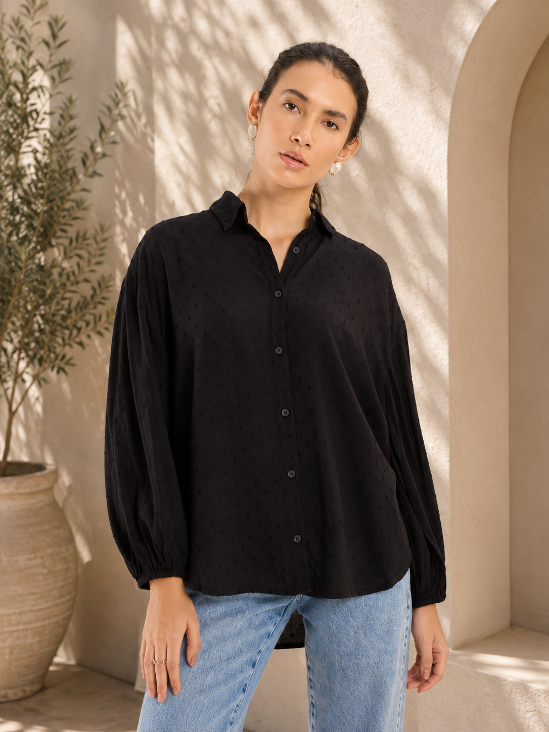 Chemise décontractée à texture dobby noire
