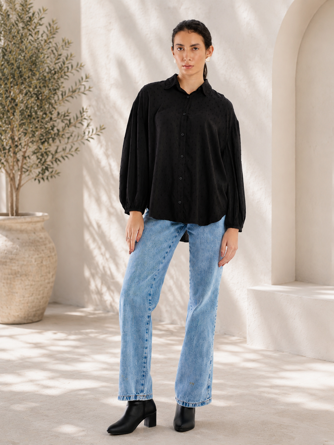 Black Dobby Textured Relaxed Shirt