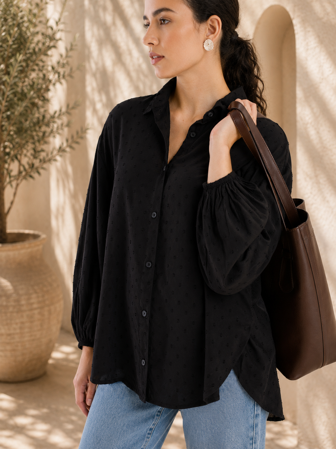 Black Dobby Textured Relaxed Shirt