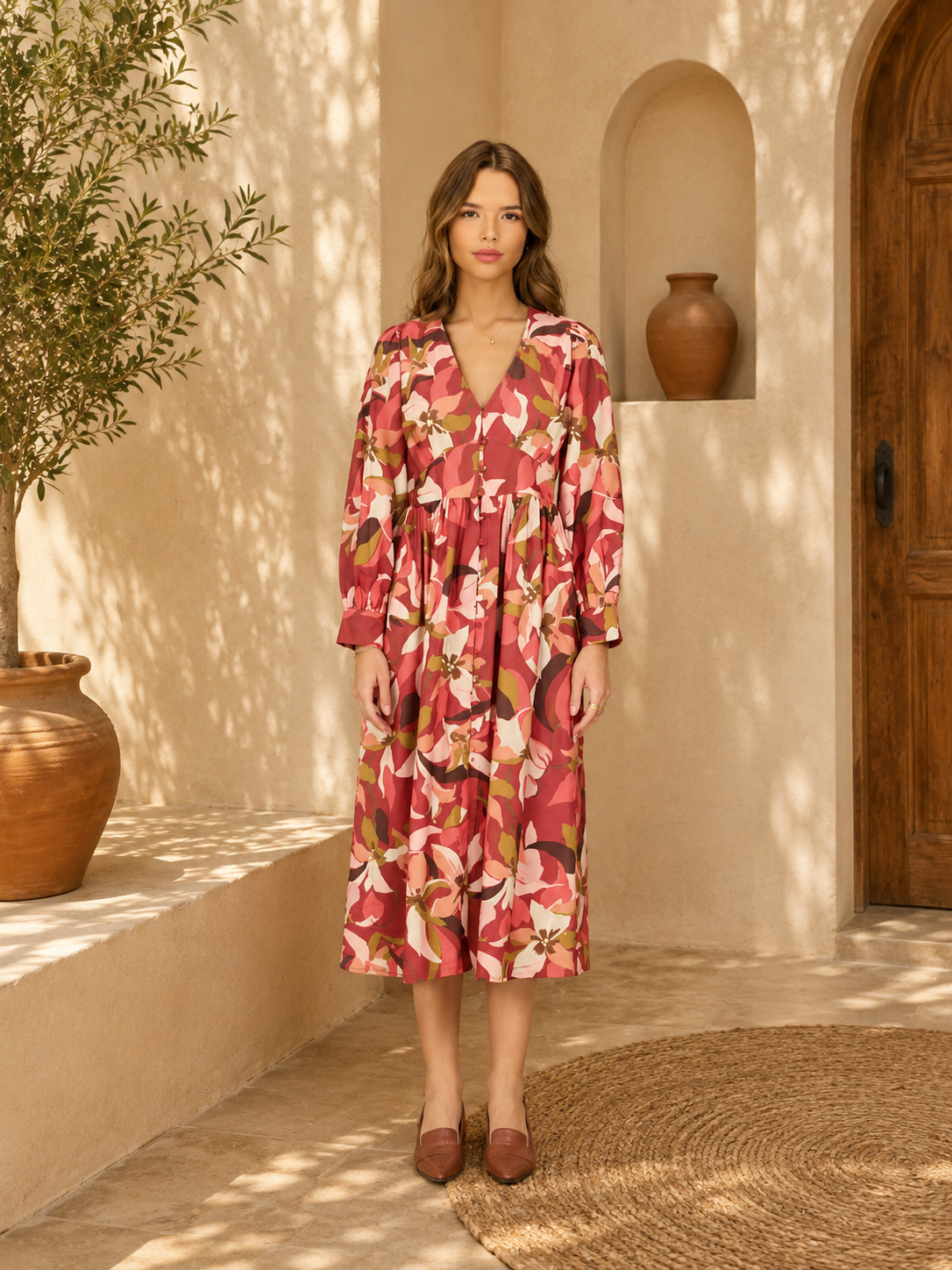 Abstract Floral Printed Midi Dress