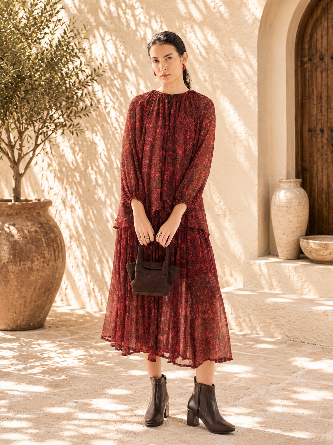 Burnt Brick Paisley Pleated Midi Dress