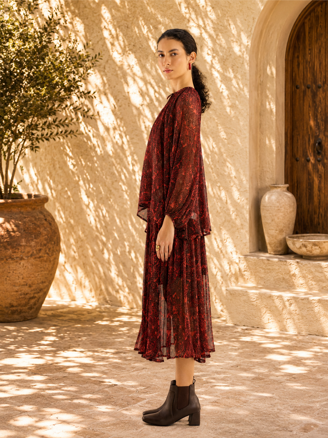 Burnt Brick Paisley Pleated Midi Dress