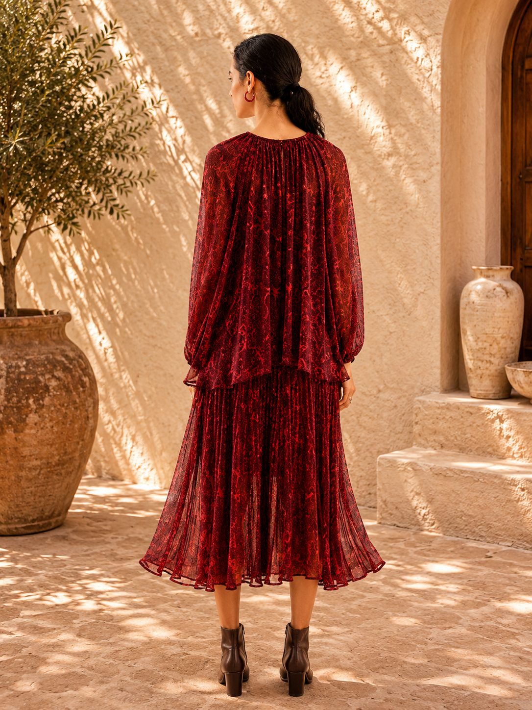 Burnt Brick Paisley Pleated Midi Dress