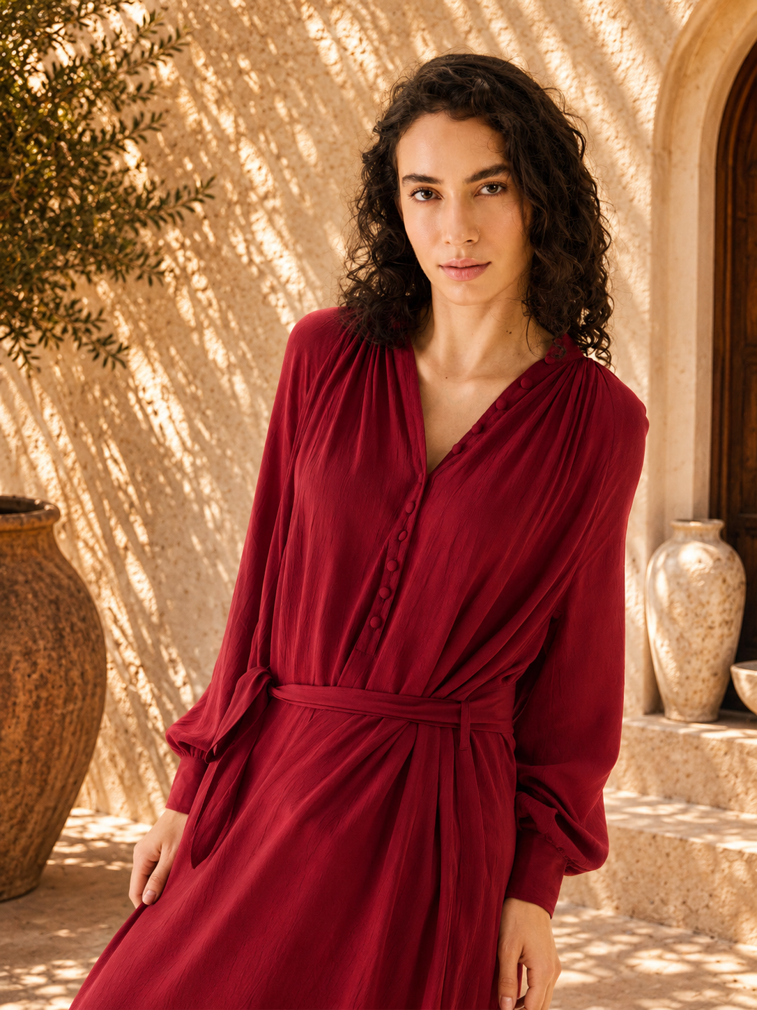 Crimson Red Belted Midi Dress