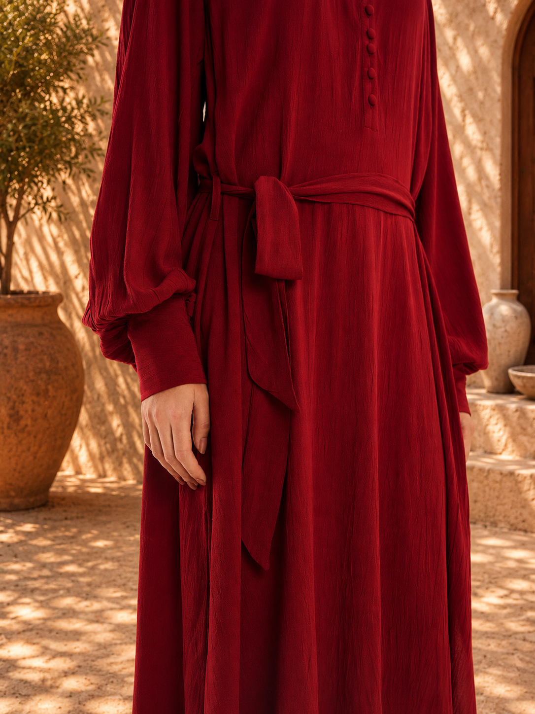 Crimson Red Belted Midi Dress
