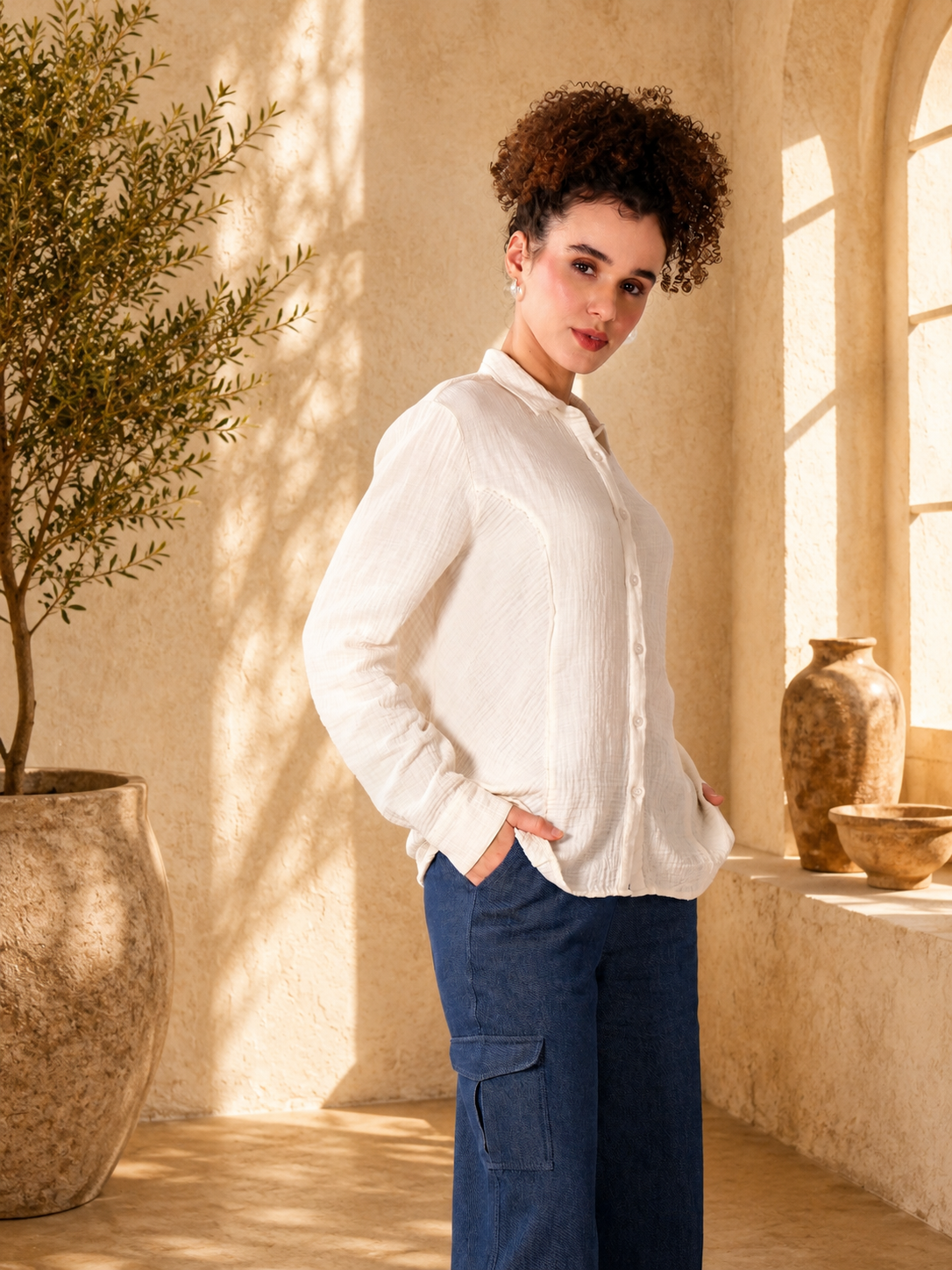 Ivory Textured Cotton Relaxed Shirt