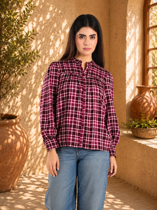 Camisa fruncida a cuadros granates