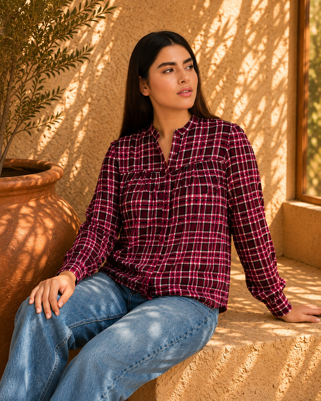 Maroon Checked Gathered Shirt