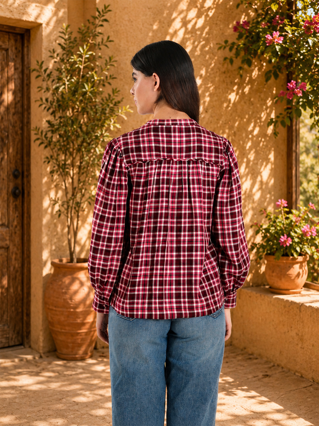 Maroon Checked Gathered Shirt