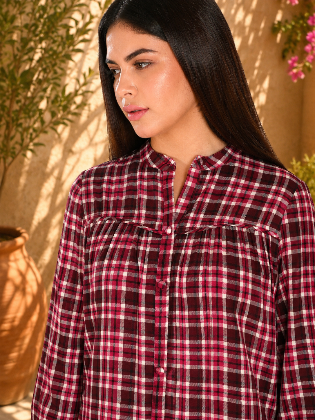 Maroon Checked Gathered Shirt