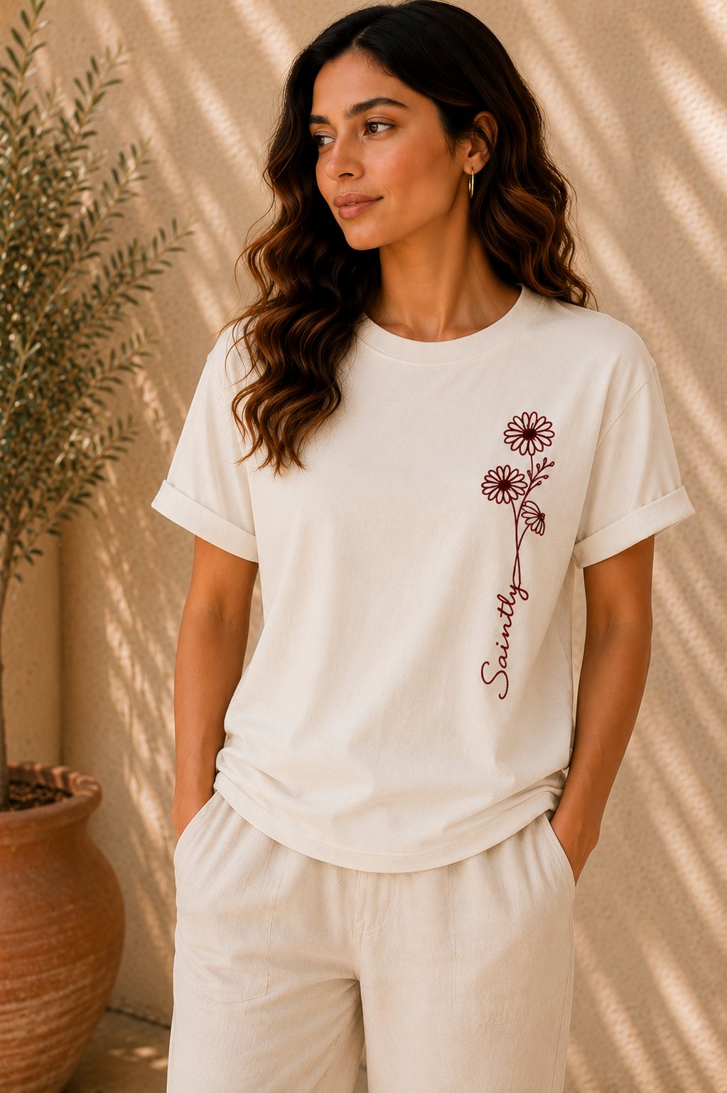 Saintly Floral Embroidered Regular Fit T-Shirt