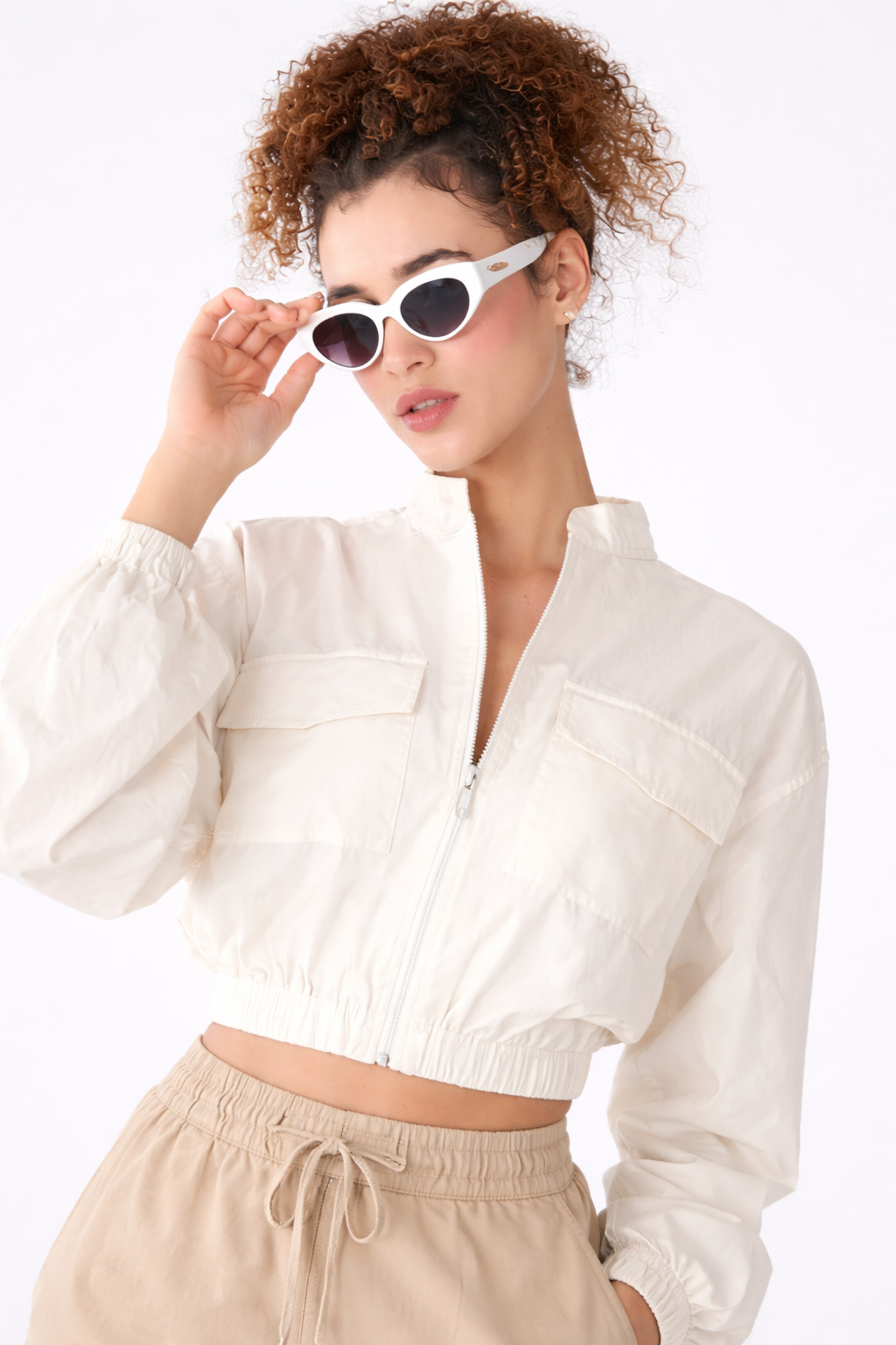 Ivory Cropped Zip-Up Jacket