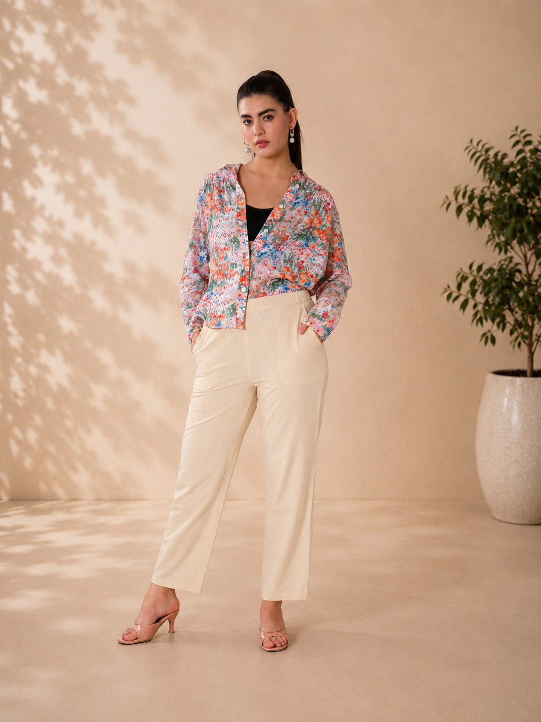 Beige Cotton Straight-Fit Pants