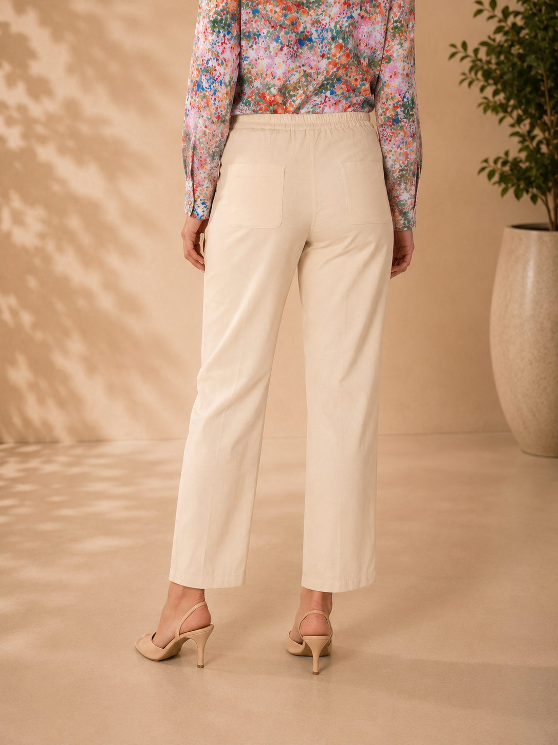 Beige Cotton Straight-Fit Pants