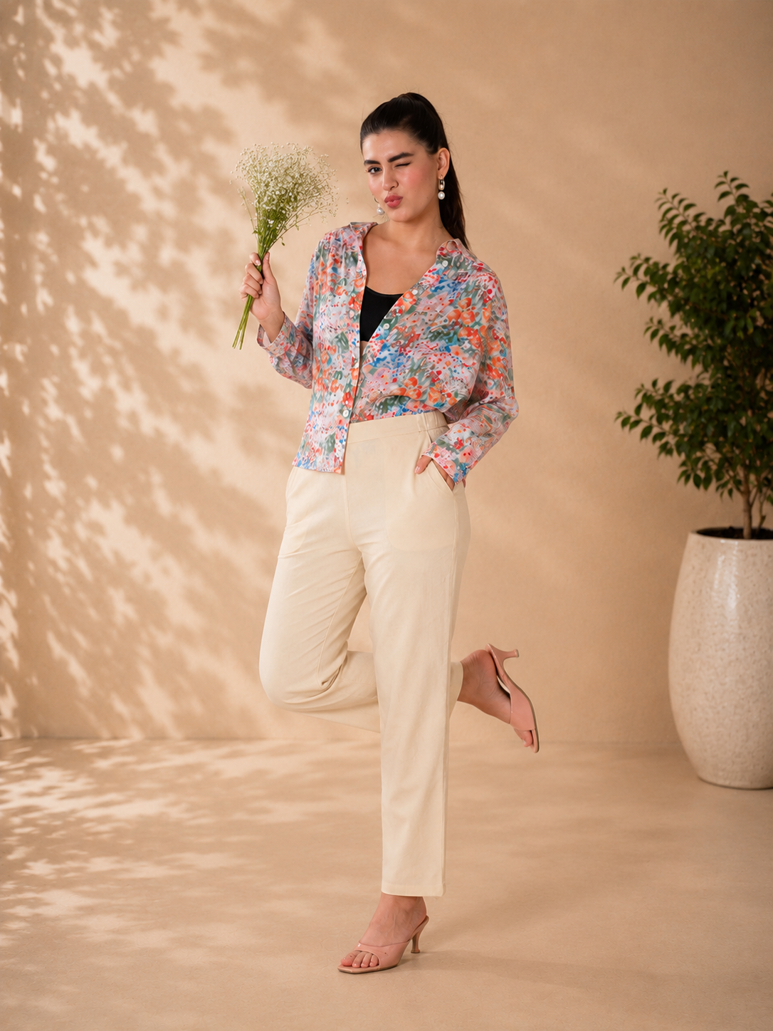 Beige Cotton Straight-Fit Pants