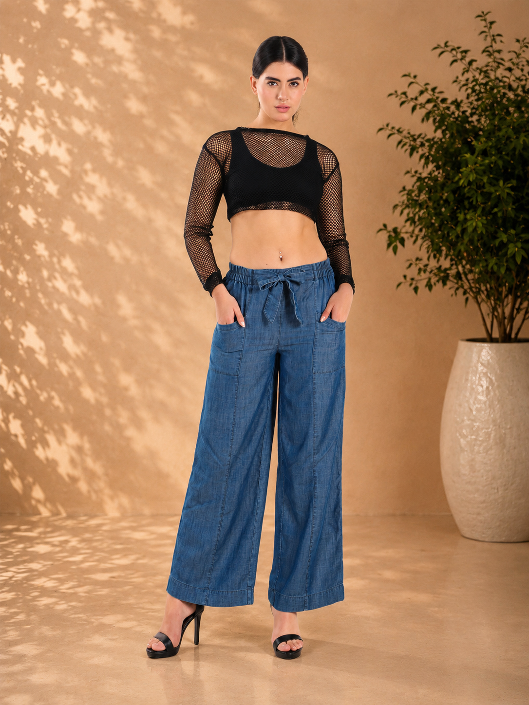Denim Drawstring Wide-Leg Pants