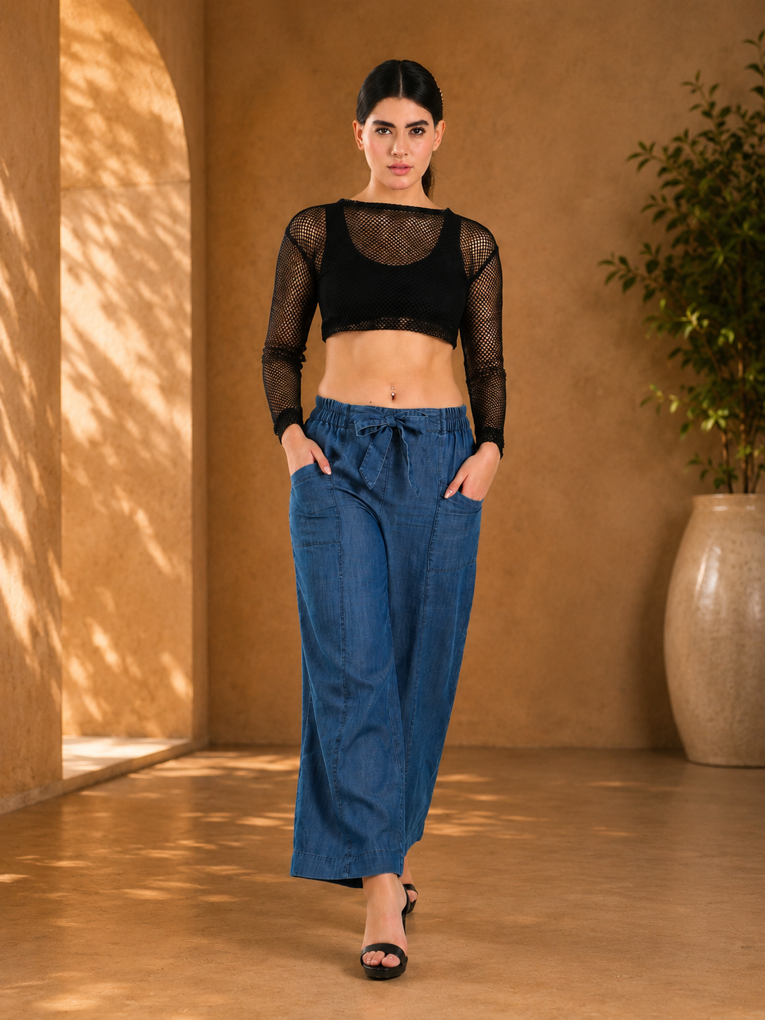 Denim Drawstring Wide-Leg Pants