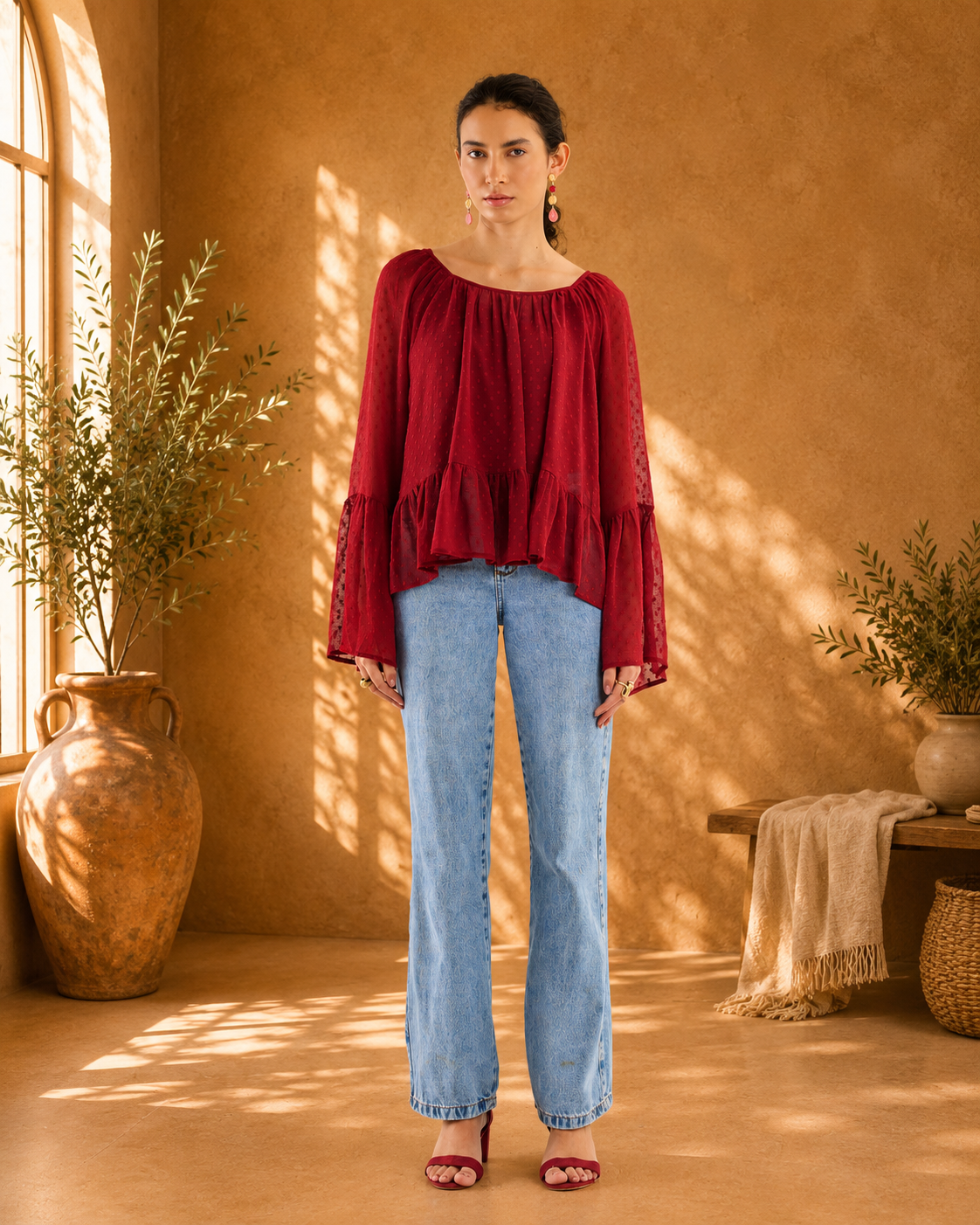 Top peplum con mangas con volantes en color rojo vino