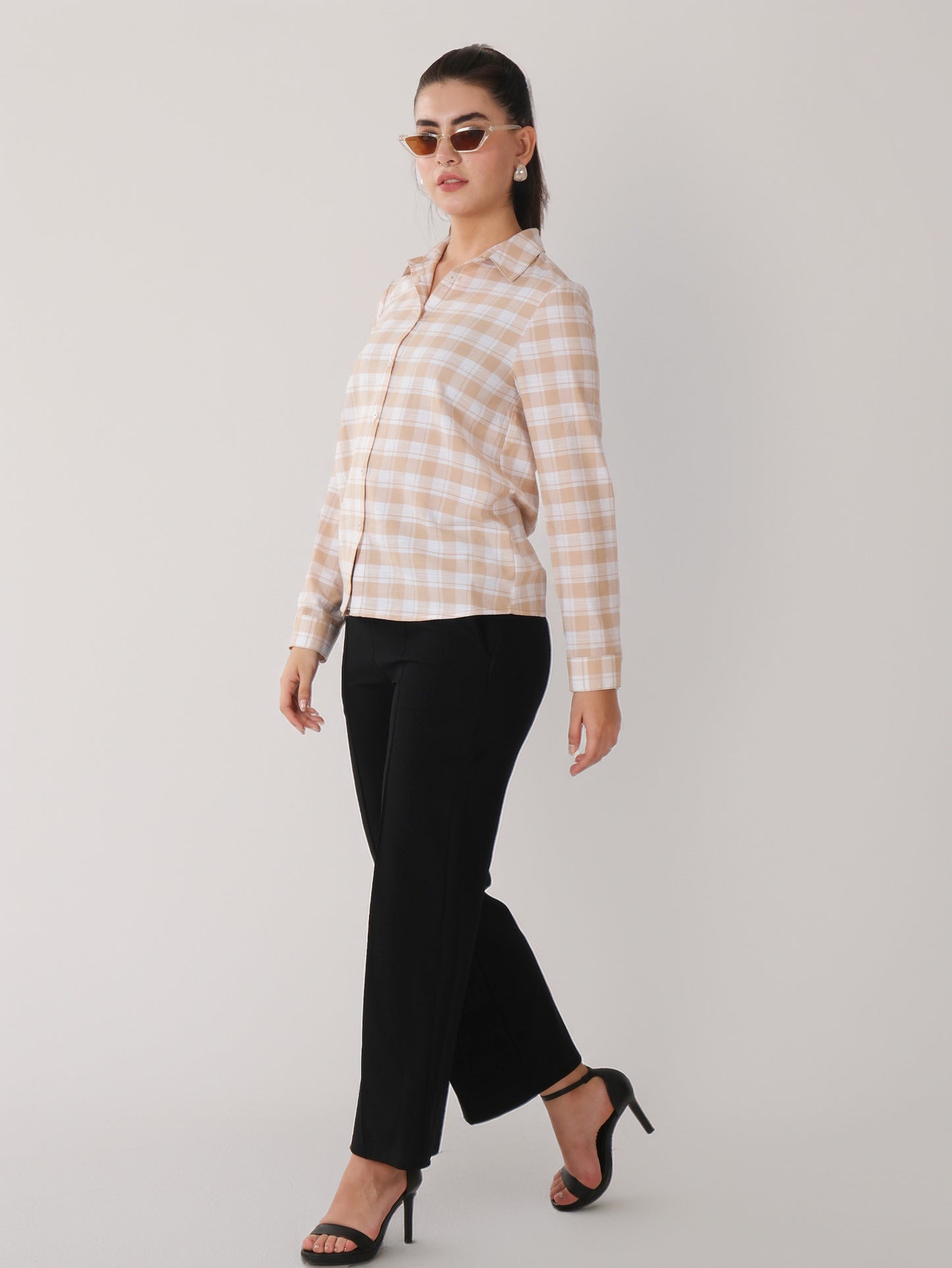 Beige & White Check Cotton Shirt