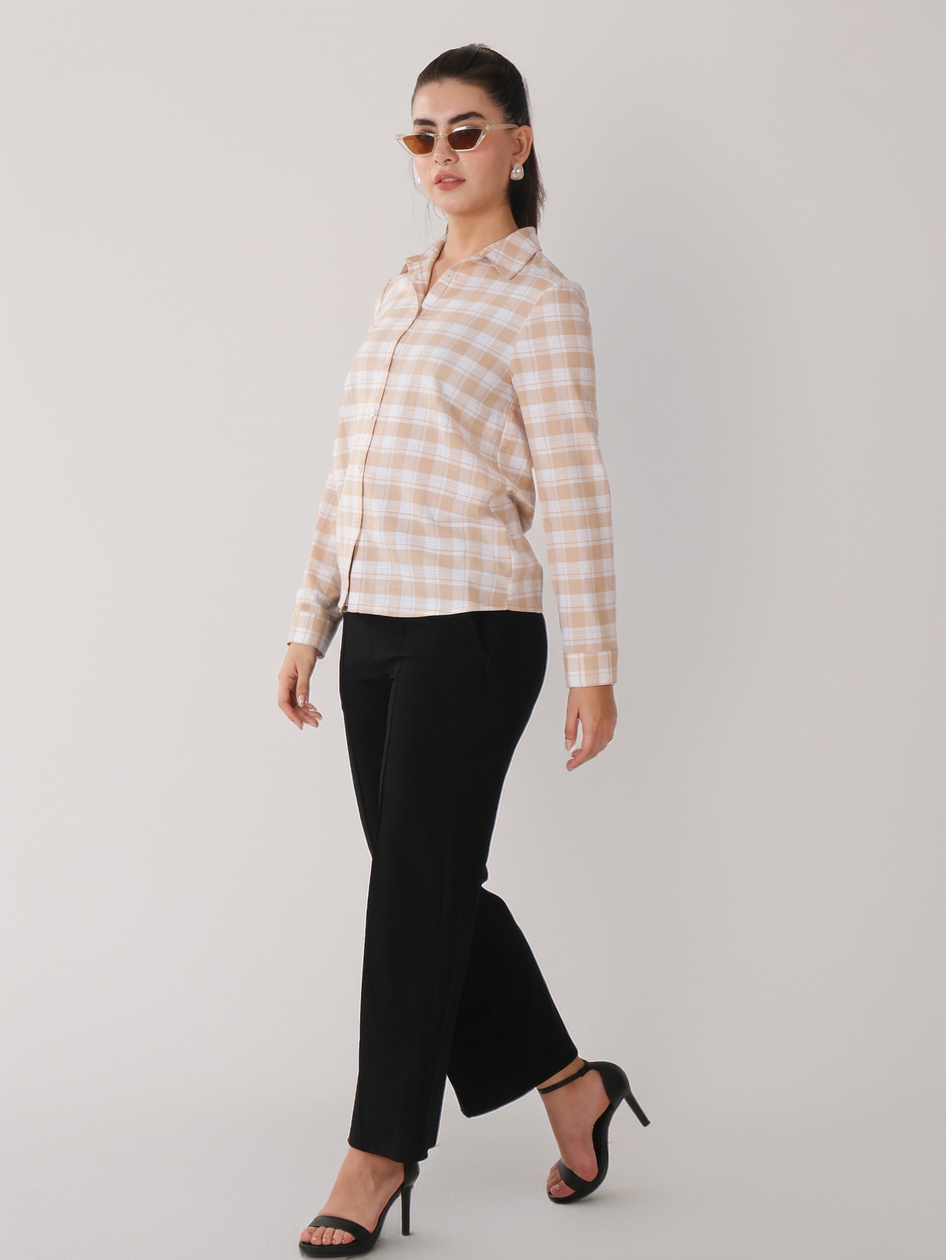 Beige & White Check Cotton Shirt