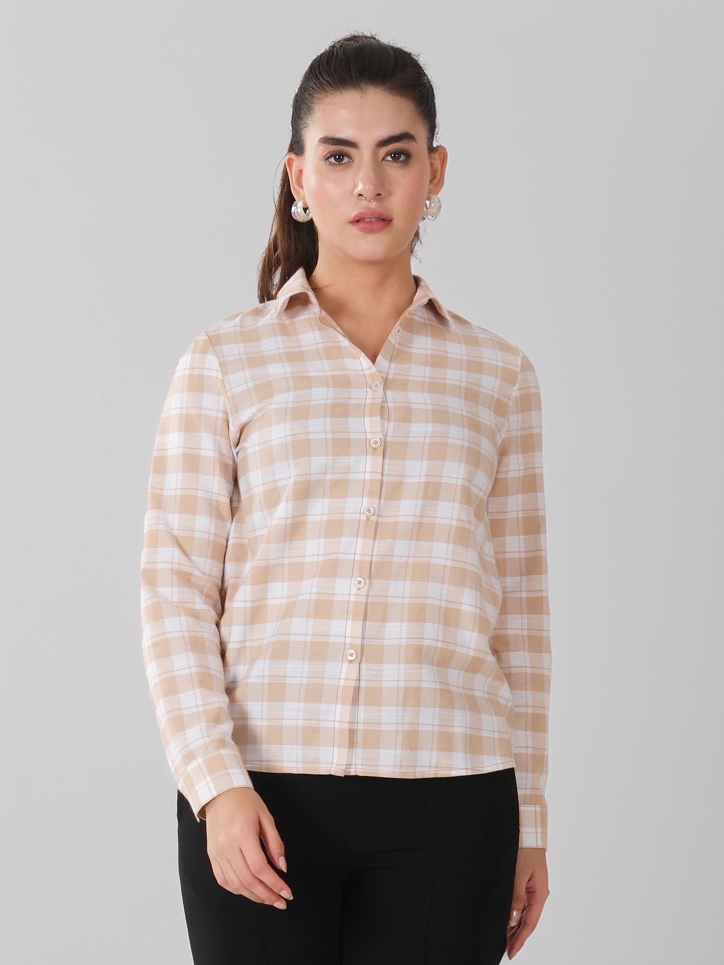 Beige & White Check Cotton Shirt