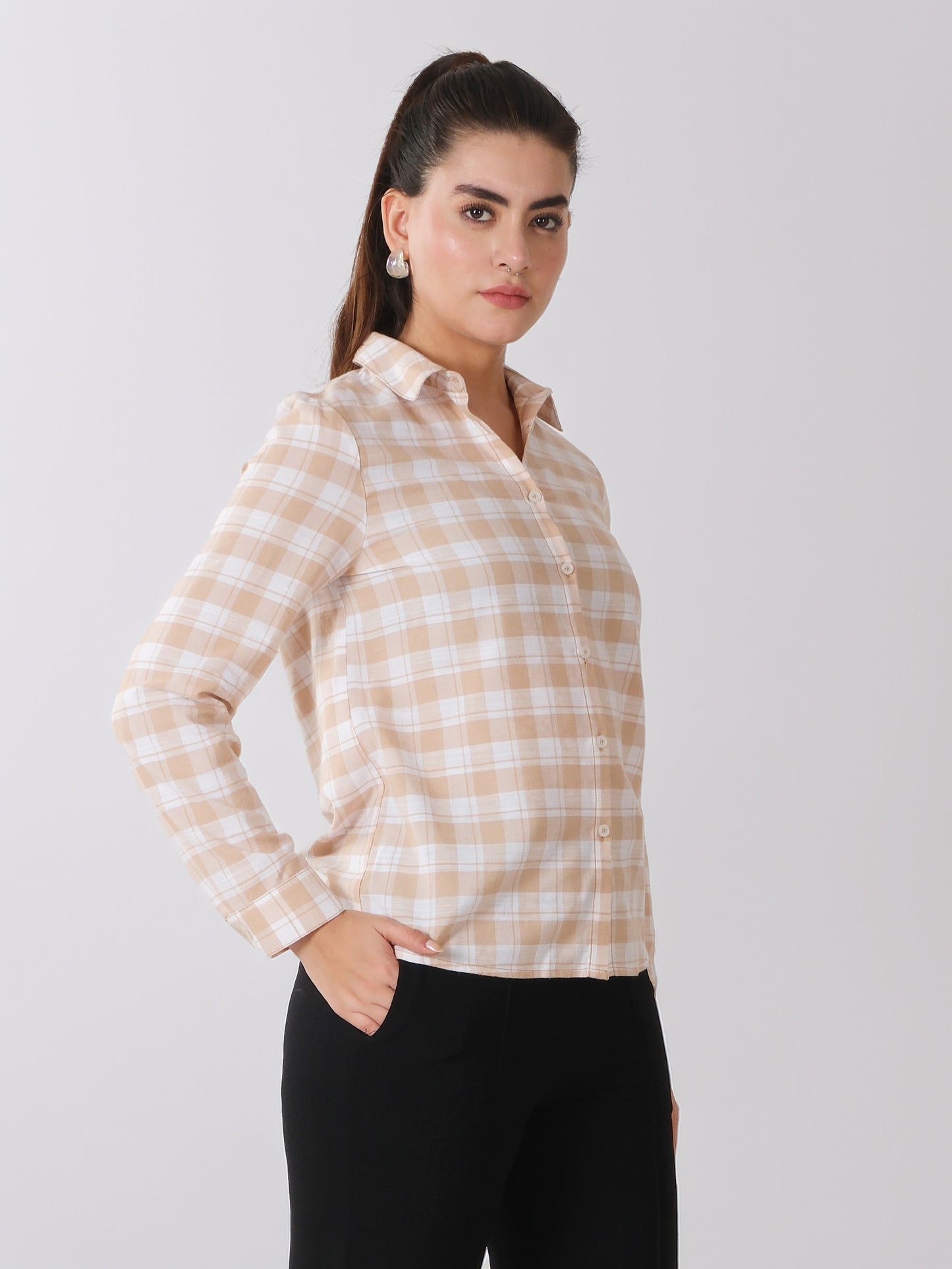 Beige & White Check Cotton Shirt