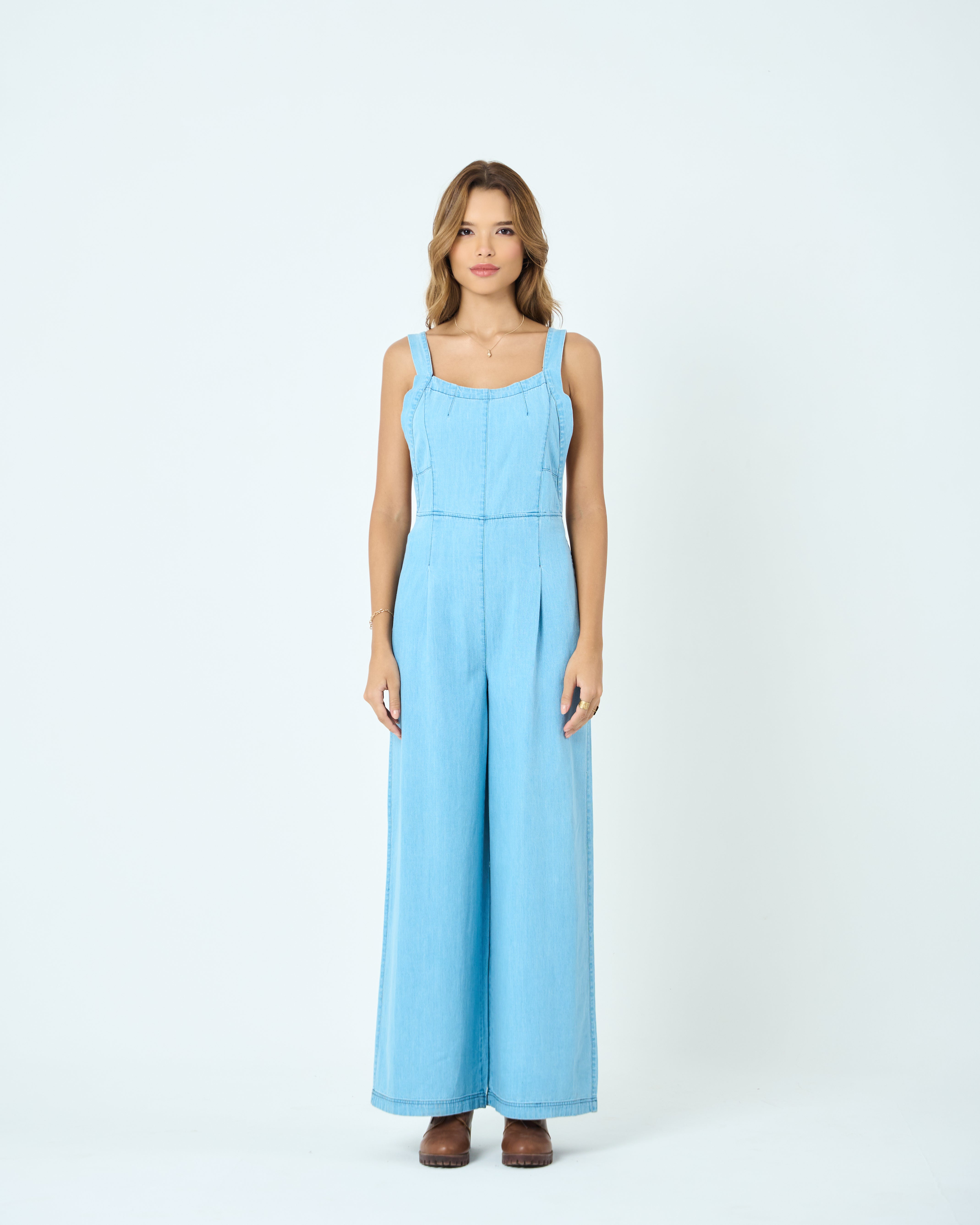 Light Blue Denim Wide-Leg Jumpsuit