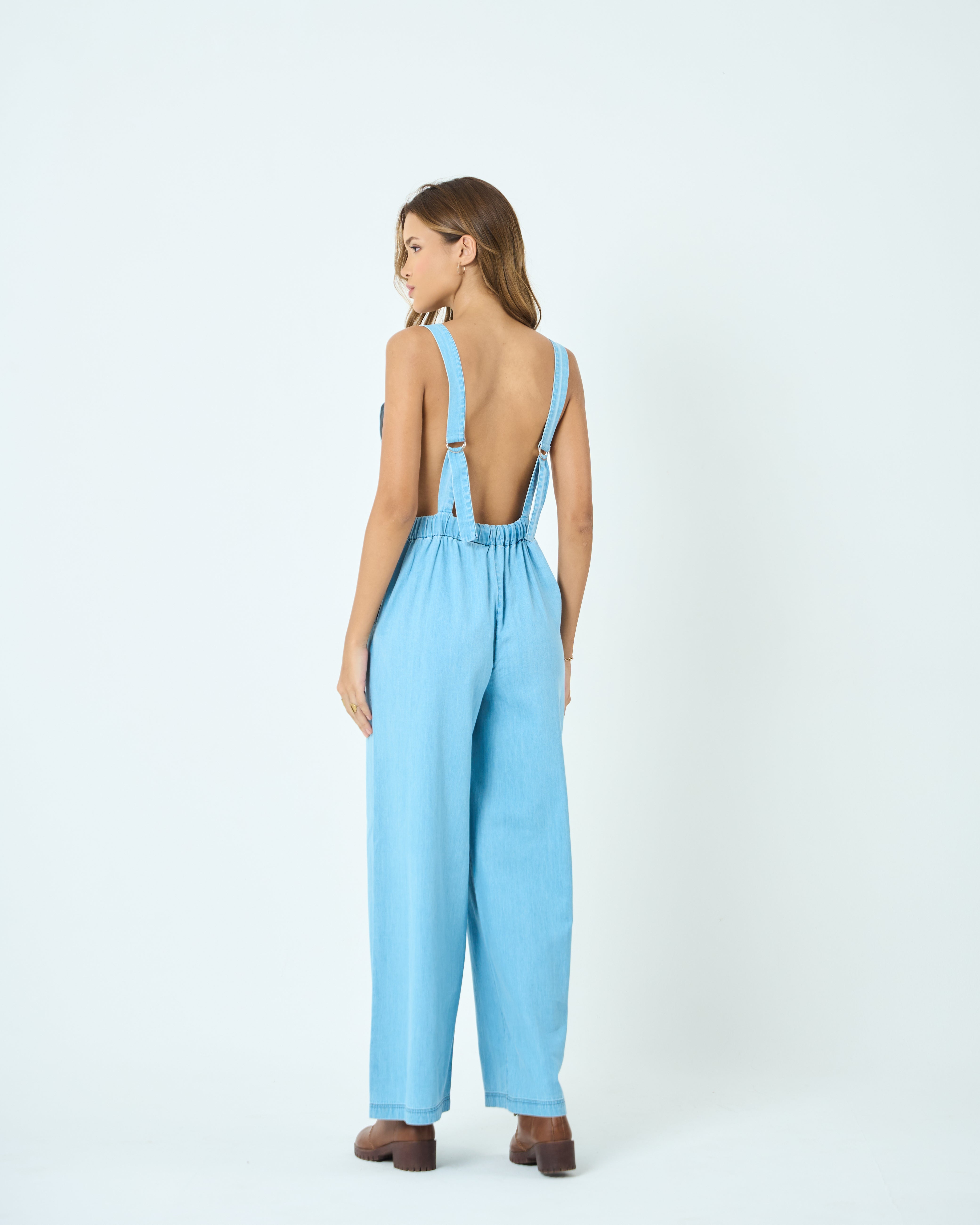Light Blue Denim Wide-Leg Jumpsuit