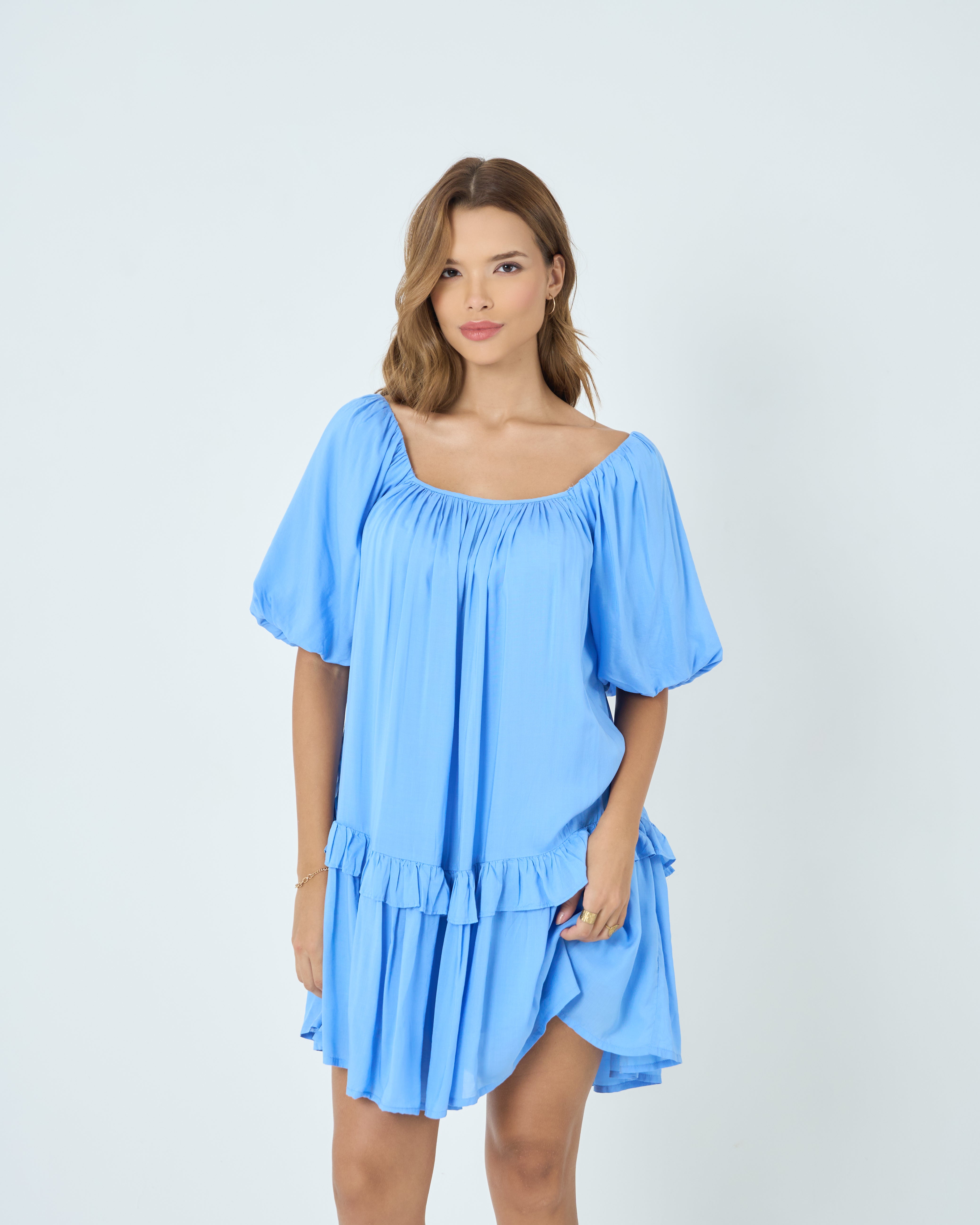 Powder Blue Ruffle Hem Short Dress