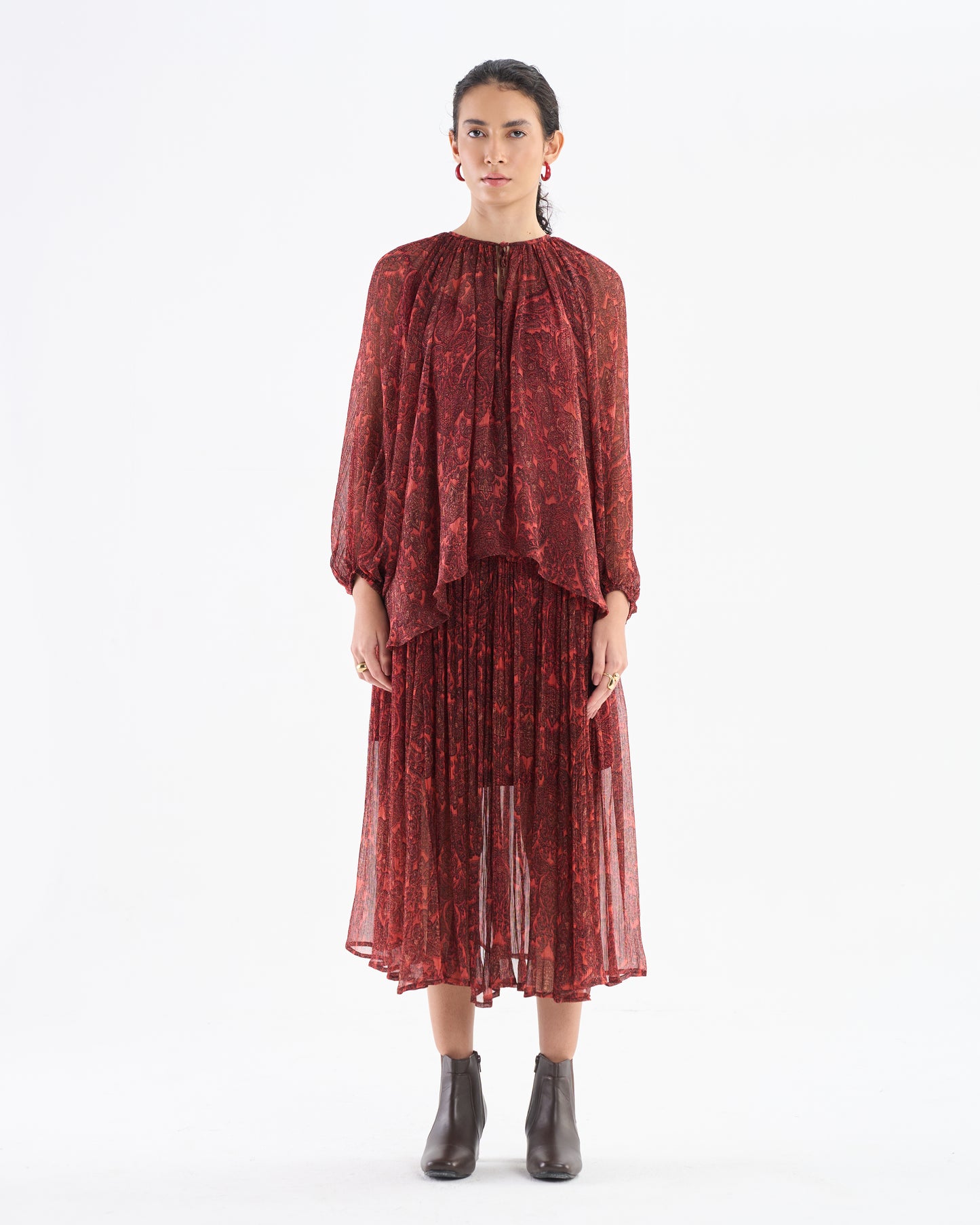 Burnt Brick Paisley Pleated Midi Dress