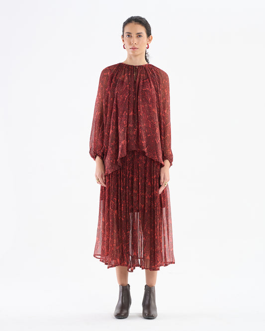 Burnt Brick Paisley Pleated Midi Dress