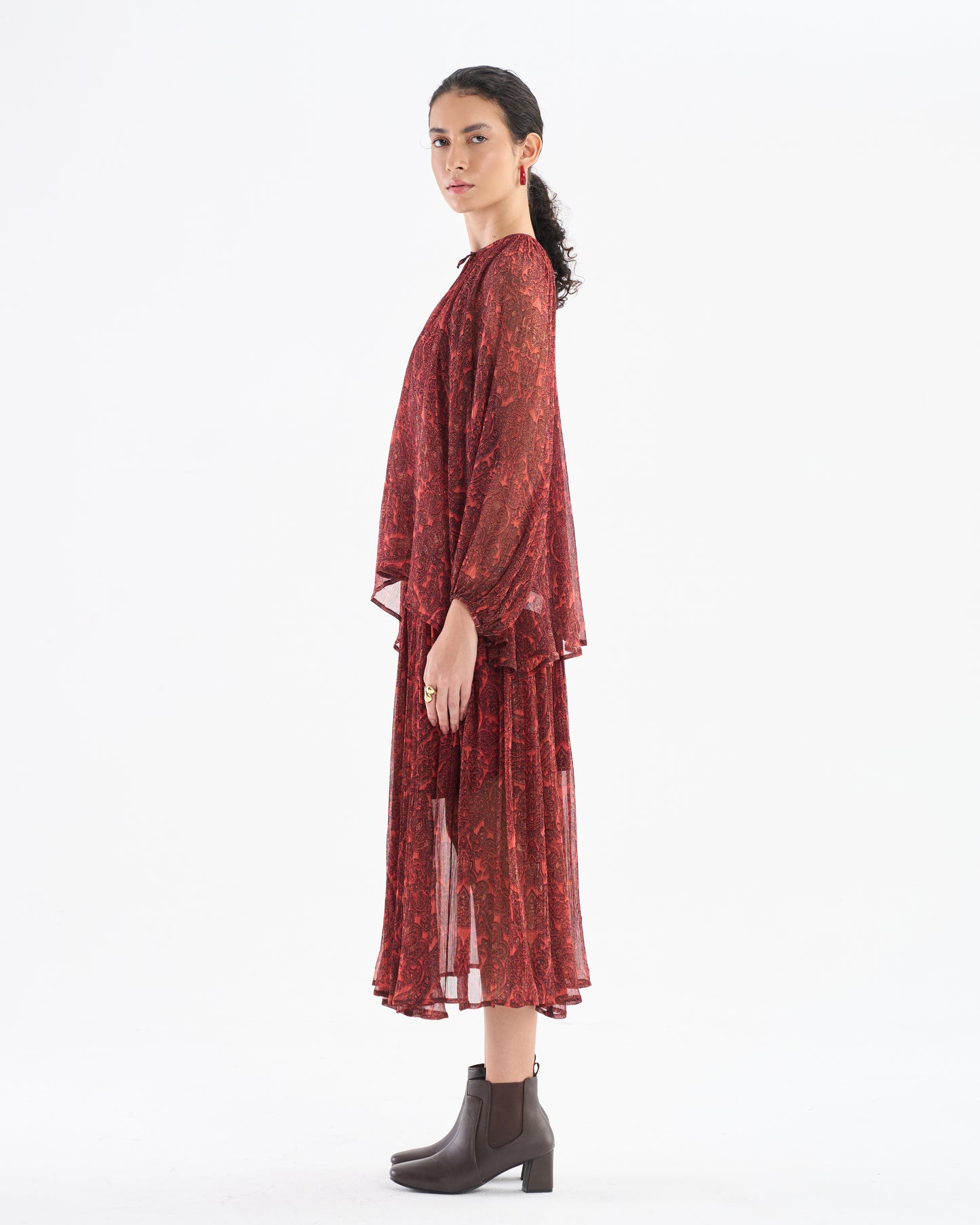 Burnt Brick Paisley Pleated Midi Dress