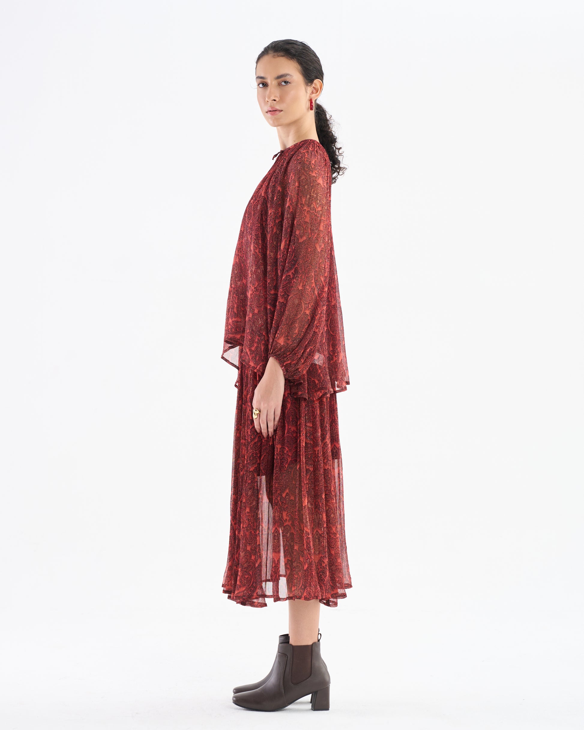 Burnt Brick Paisley Pleated Midi Dress