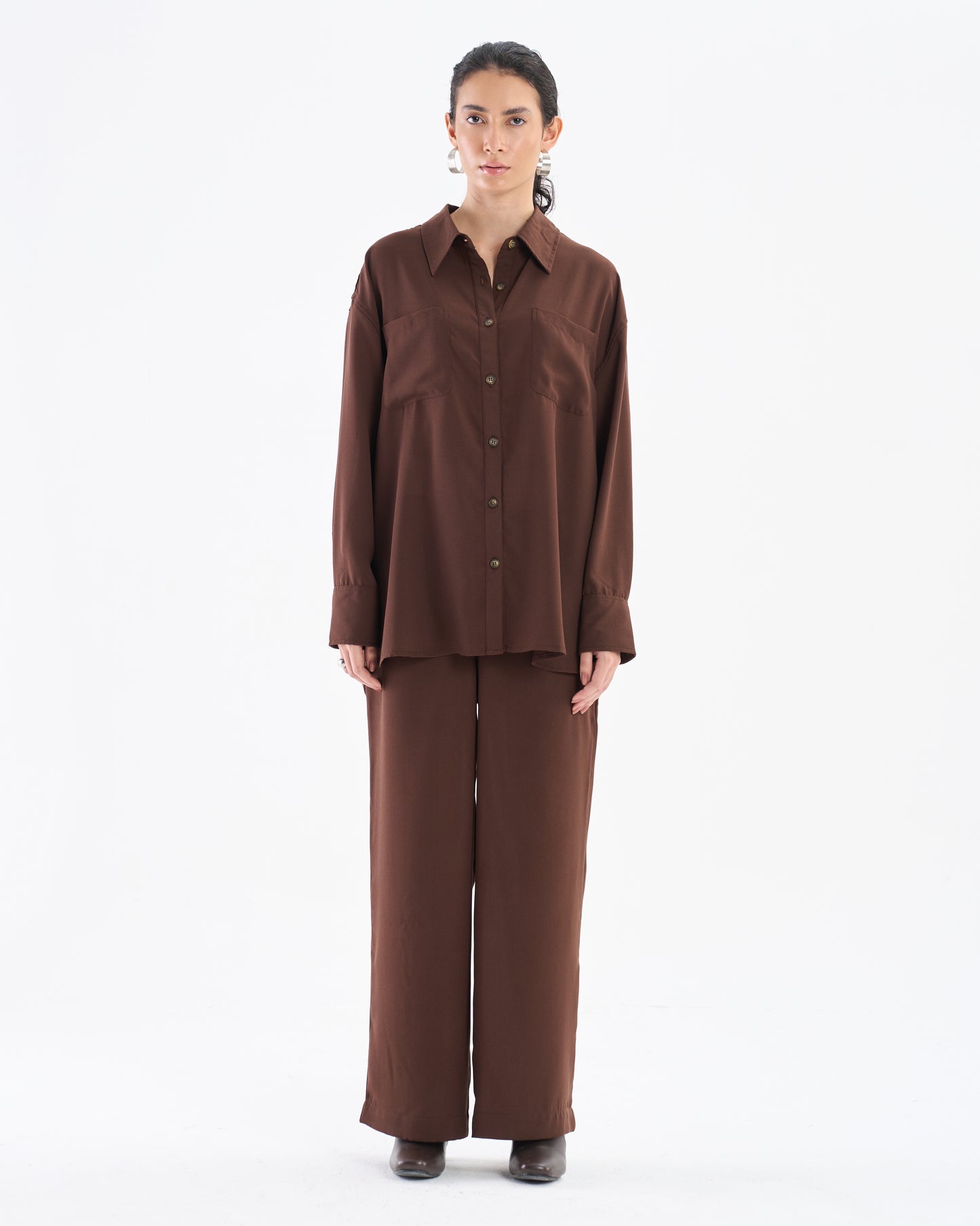 Cocoa Brown Co-ord Set with Relaxed Shirt & Wide-Leg Trousers