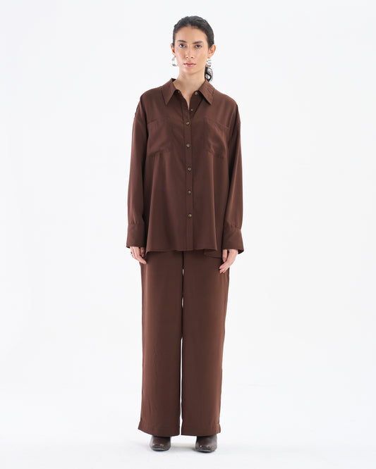 Cocoa Brown Co-ord Set with Relaxed Shirt & Wide-Leg Trousers