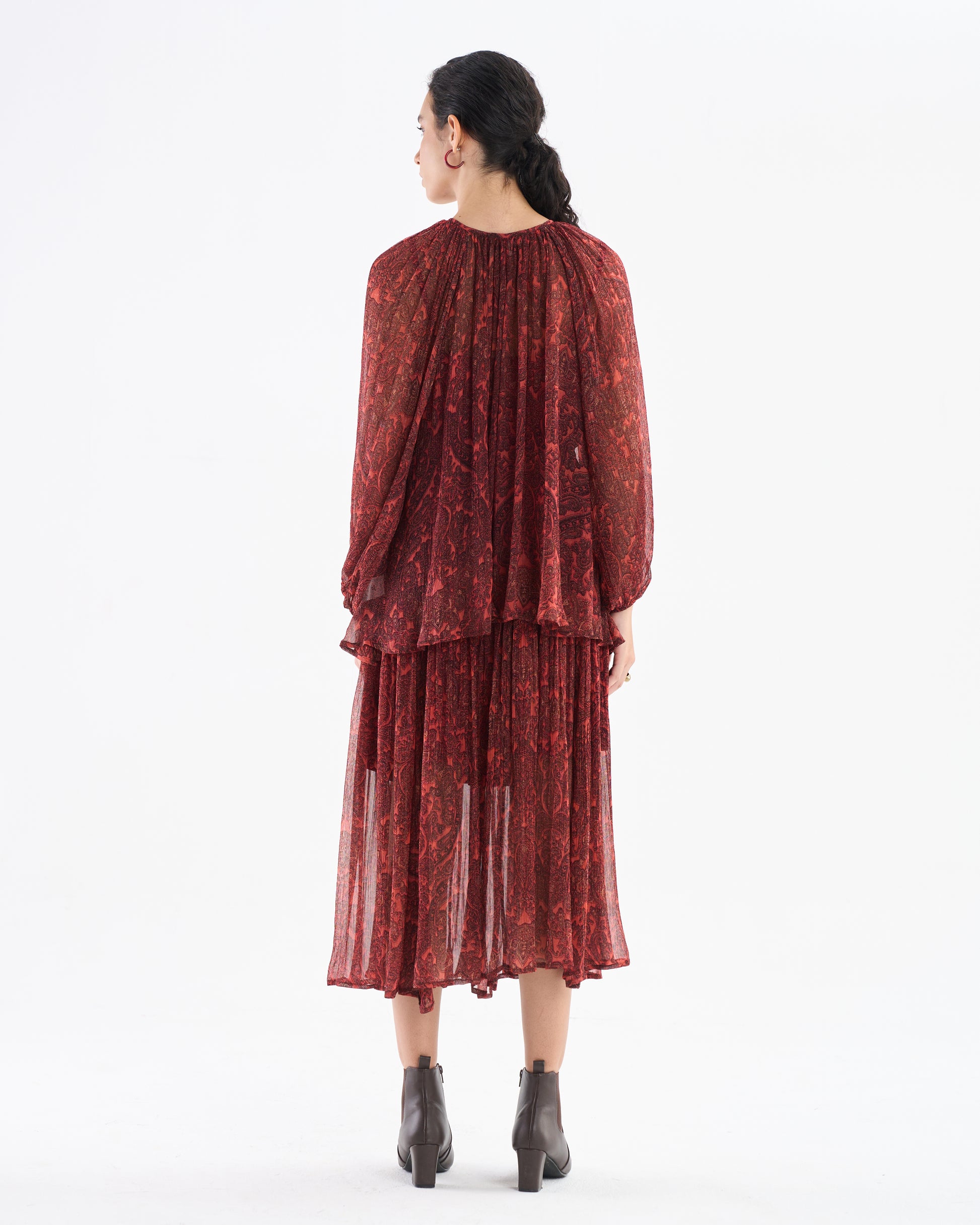 Burnt Brick Paisley Pleated Midi Dress