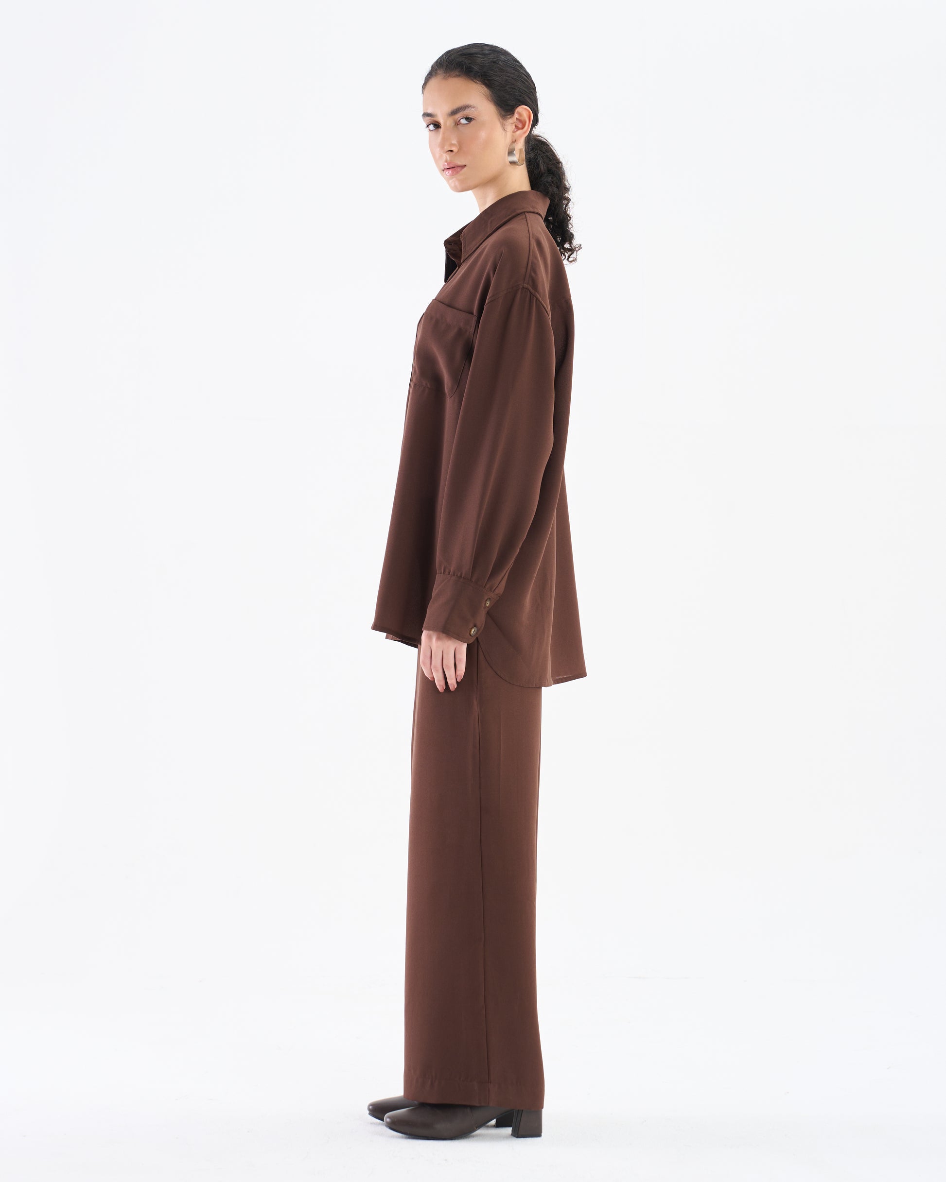 Cocoa Brown Co-ord Set with Relaxed Shirt & Wide-Leg Trousers