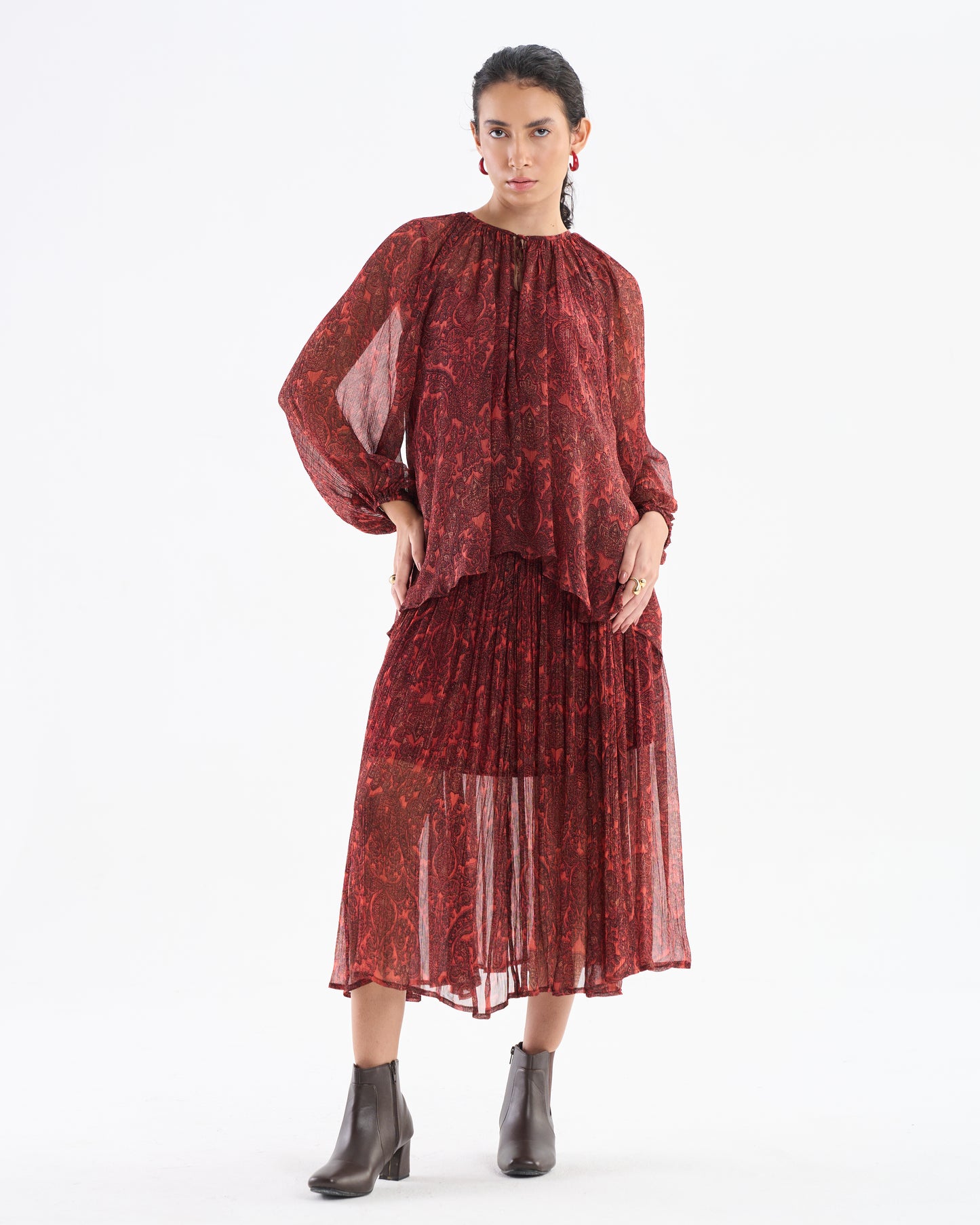 Burnt Brick Paisley Pleated Midi Dress