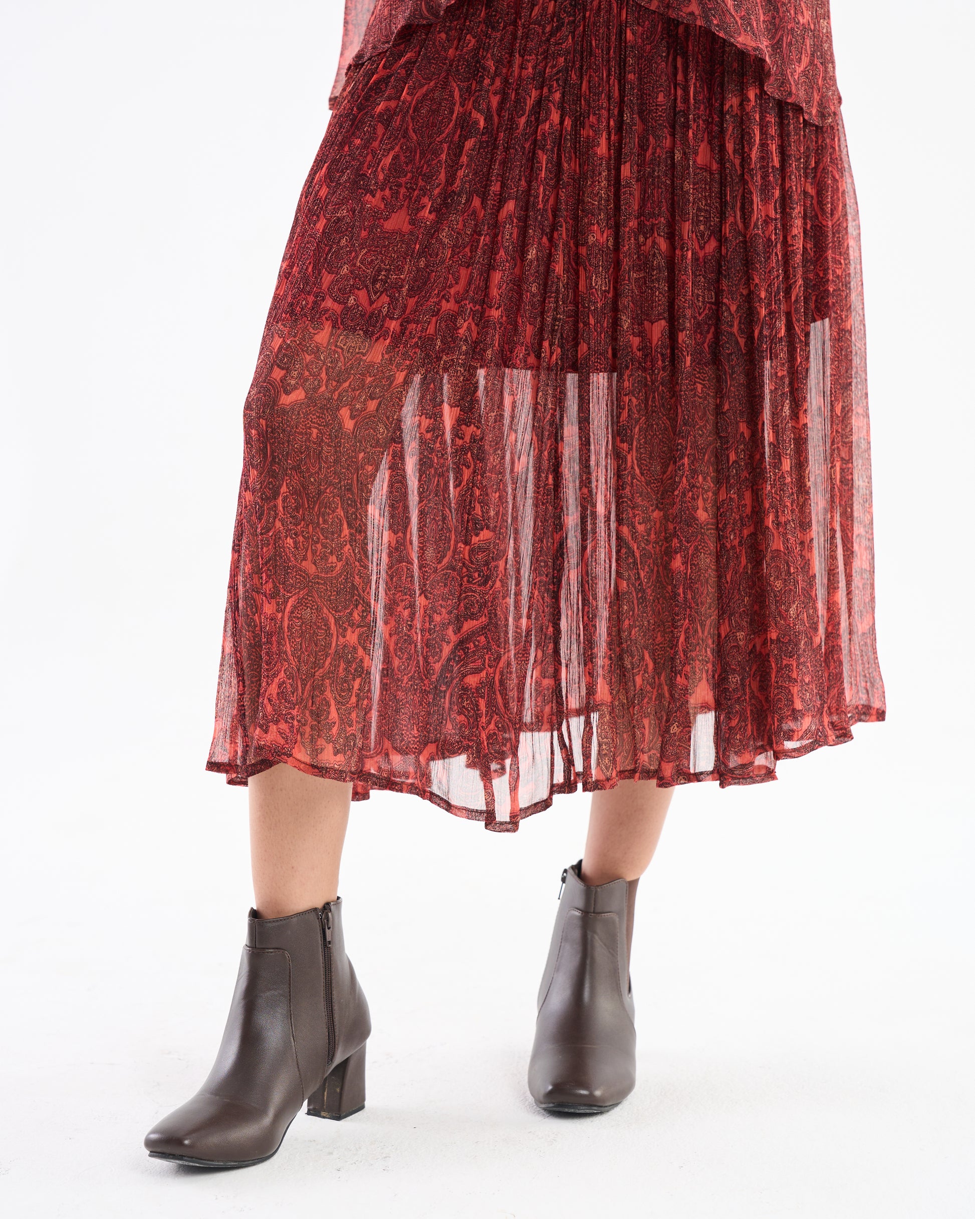 Burnt Brick Paisley Pleated Midi Dress