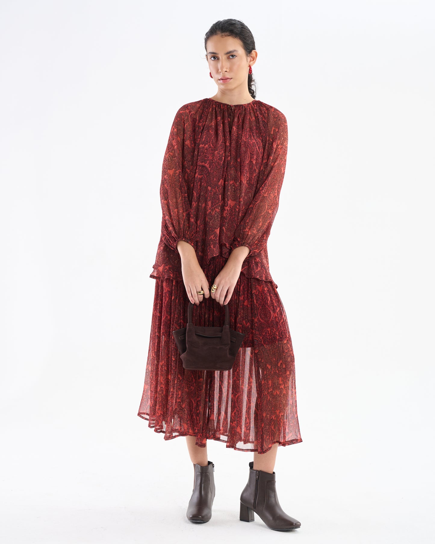 Burnt Brick Paisley Pleated Midi Dress
