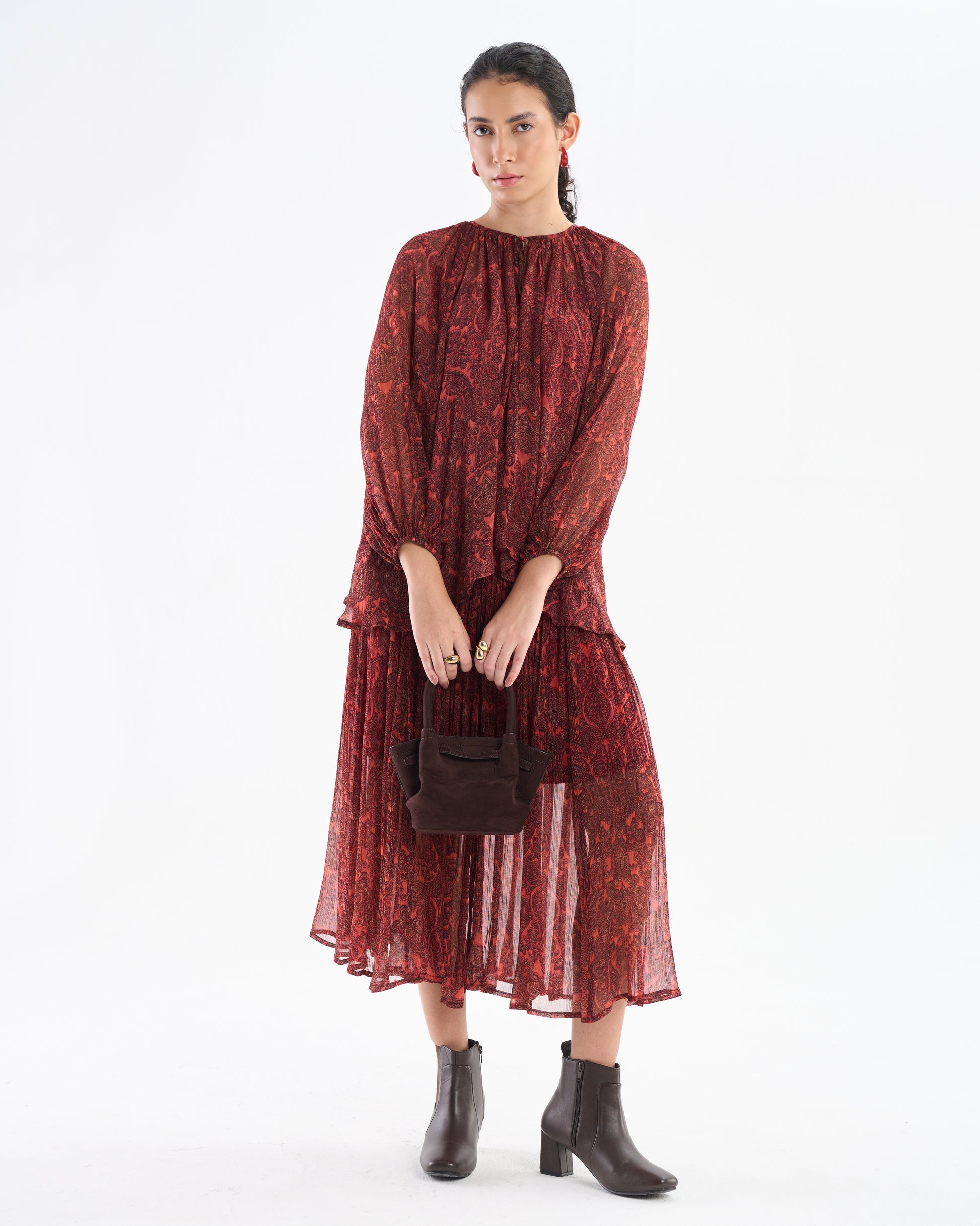Burnt Brick Paisley Pleated Midi Dress