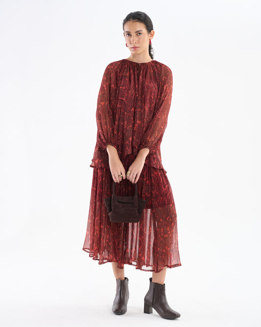 Burnt Brick Paisley Pleated Midi Dress