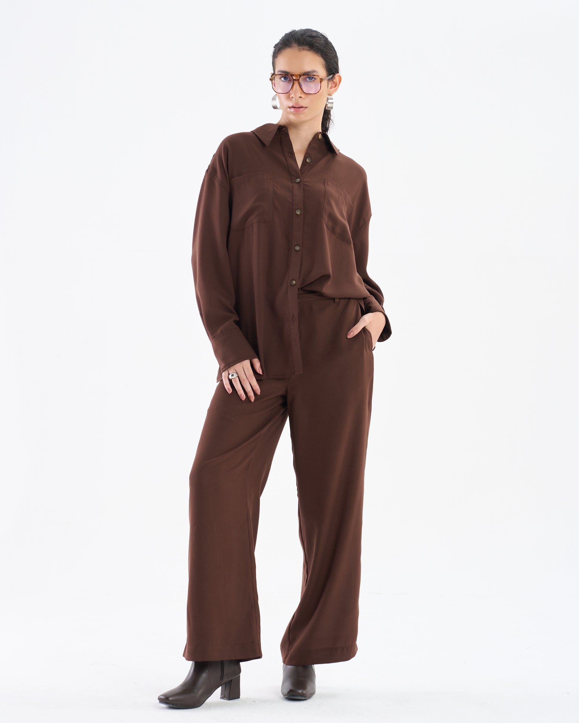 Cocoa Brown Co-ord Set with Relaxed Shirt & Wide-Leg Trousers