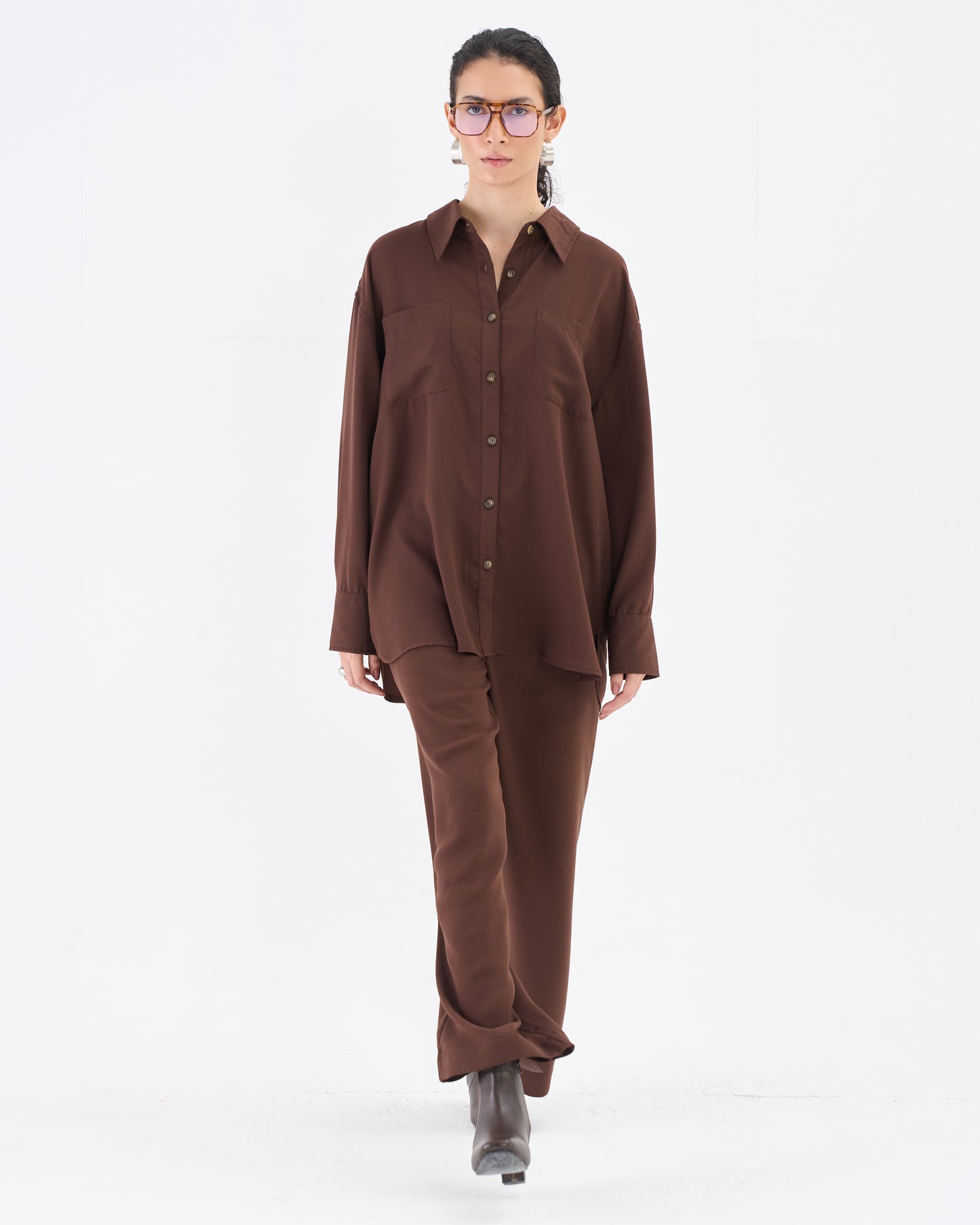 Cocoa Brown Co-ord Set with Relaxed Shirt & Wide-Leg Trousers