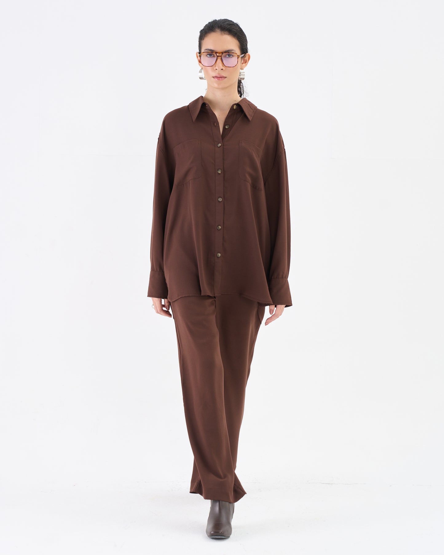 Cocoa Brown Co-ord Set with Relaxed Shirt & Wide-Leg Trousers